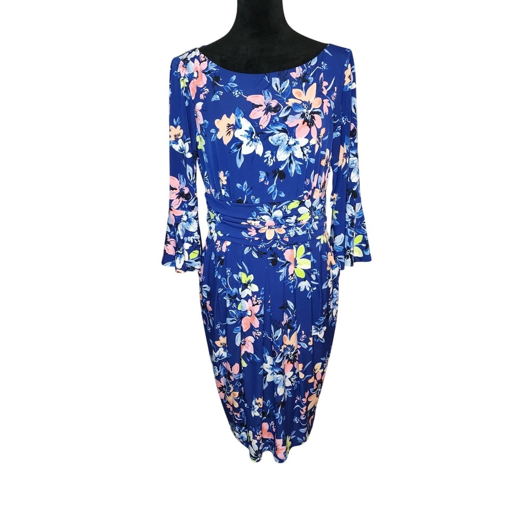 ELIZA J Size 12 Floral Jersey Sheath Dress Pockets Bell Sleeve Office Workwear